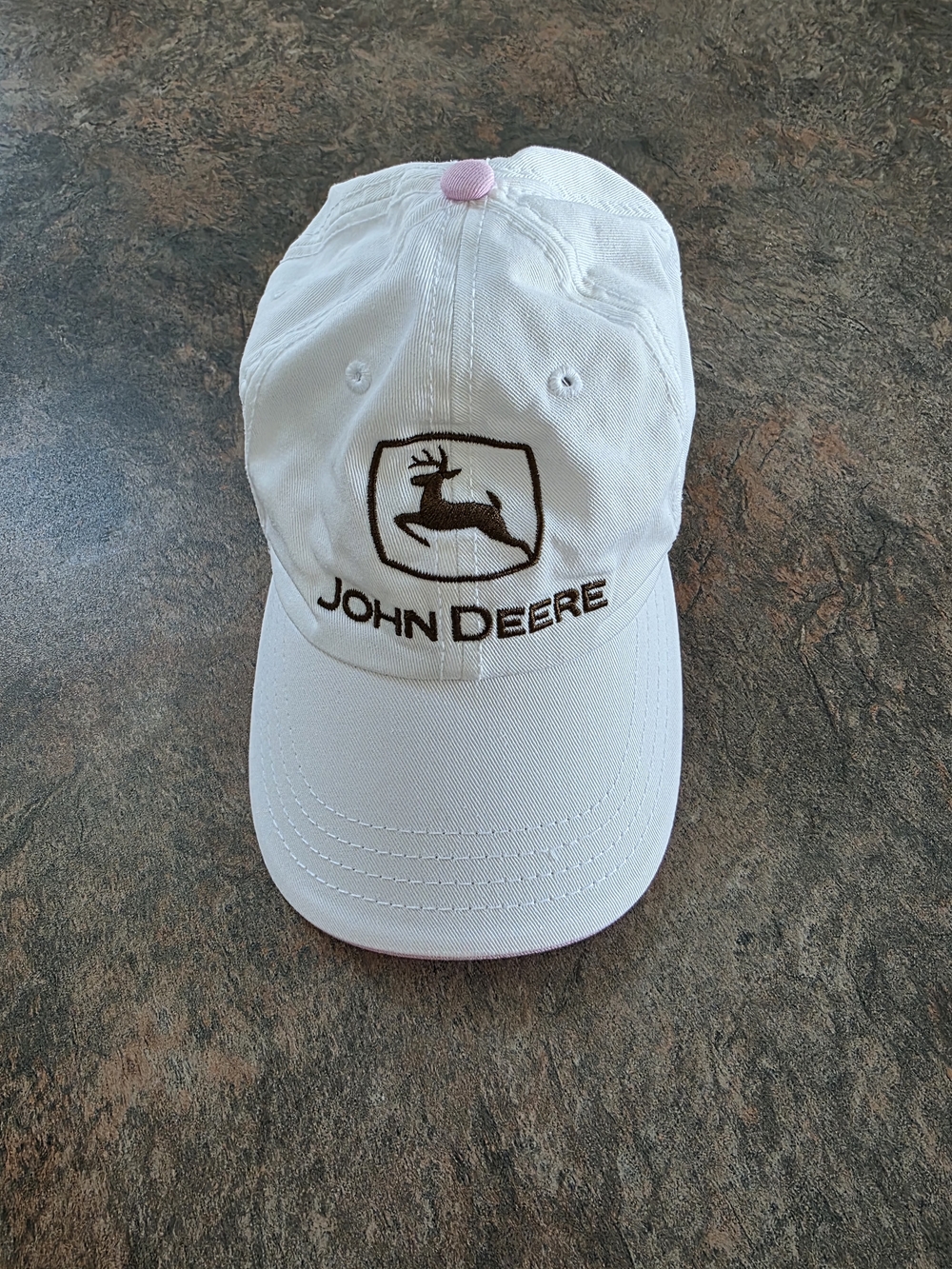 John Deere White Cap with Brown Logo and Pink Top Button